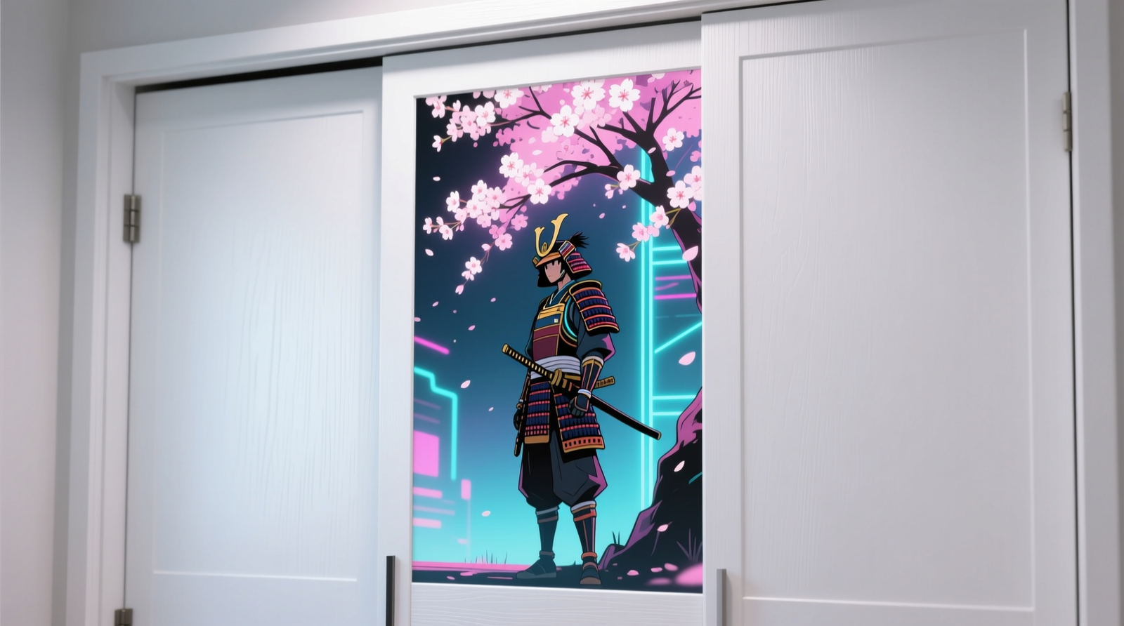 Close-up of a matte-finish anime wallpaper panel seamlessly applied to a white laminated closet door, showing crisp edge alignment and no visible adhesive halo or texture distortion