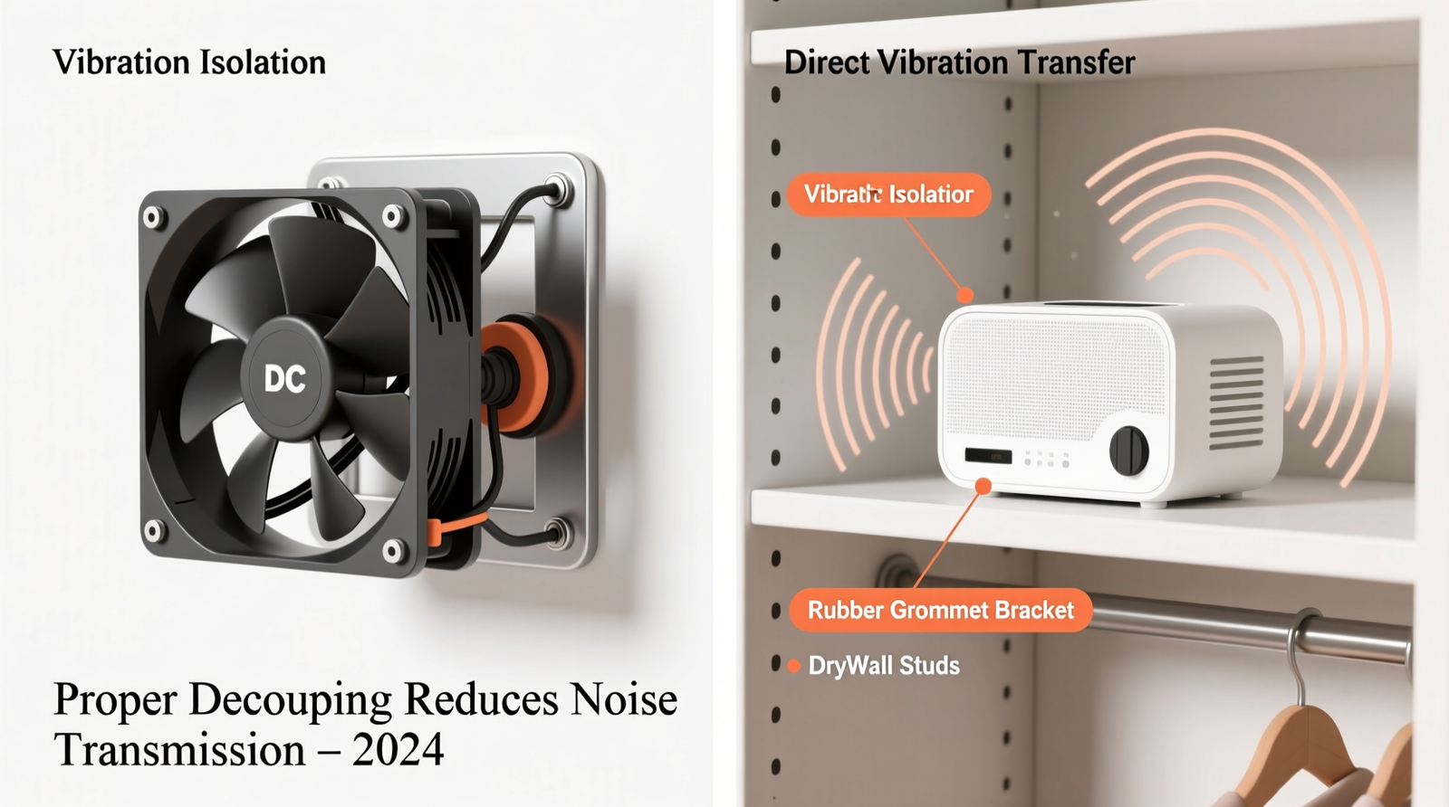 Side-by-side diagram showing proper decoupled mounting of a DC silent fan on a rubber grommet bracket versus a white noise machine placed directly on a closet shelf vibrating into drywall studs