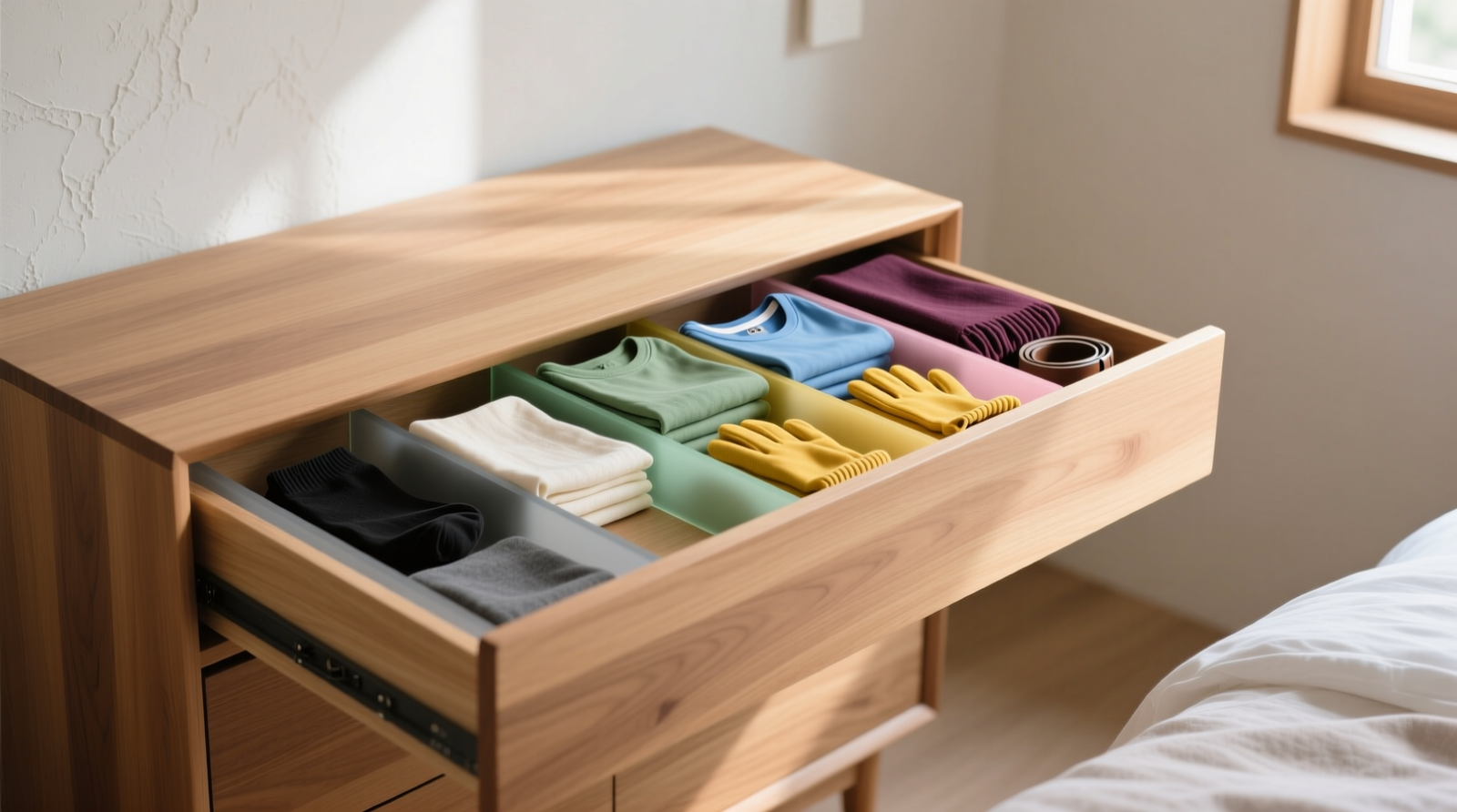 A minimalist dresser drawer with seven precisely arranged, color-coded drawer dividers—each holding one garment type (e.g., black socks in charcoal divider, linen napkins in ivory divider), all folded vertically with visible edges