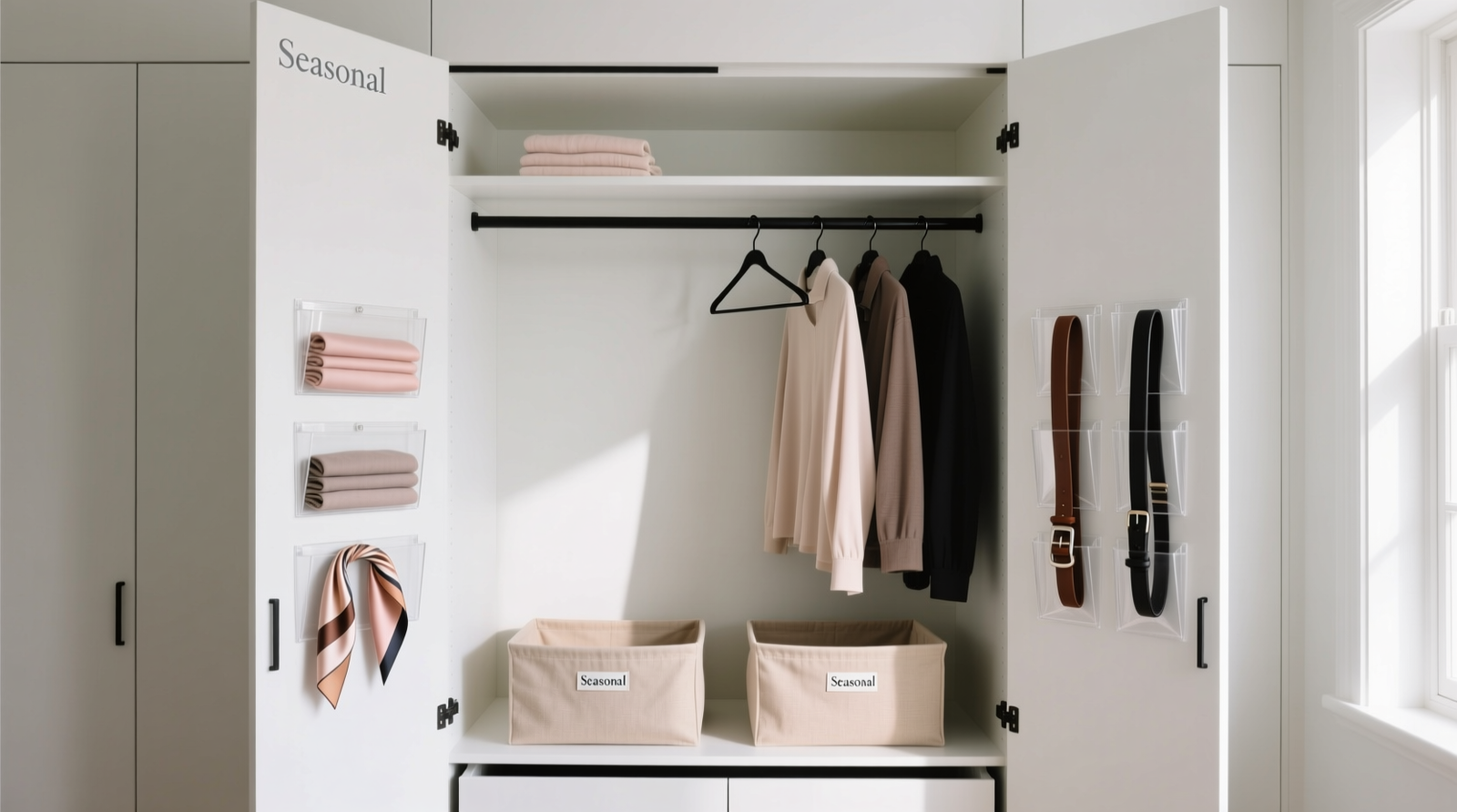 A minimalist 24-inch-deep closet with sliding doors open halfway, showing a single 42-inch rod with slim hangers, two shallow fabric bins on the lower shelf, and a slim over-the-door organizer mounted inside each door panel holding folded scarves and leather belts