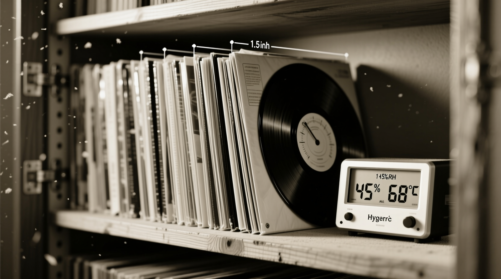 A well-organized closet showing vinyl records stored vertically on deep, rigid shelves with labeled acid-free sleeves, spaced 1 inch apart, and a hygrometer mounted nearby