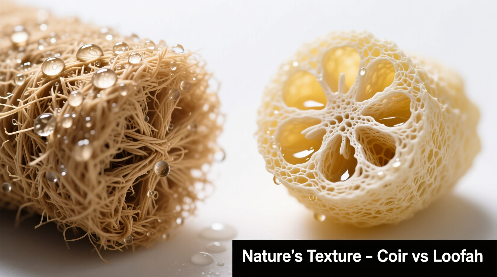 Side-by-side macro photography of a dry coconut coir scrubber (tan, tightly woven fibers) and a dried loofah sponge (light yellow, open honeycomb structure), with water droplets beading on coir and pooling in loofah pores