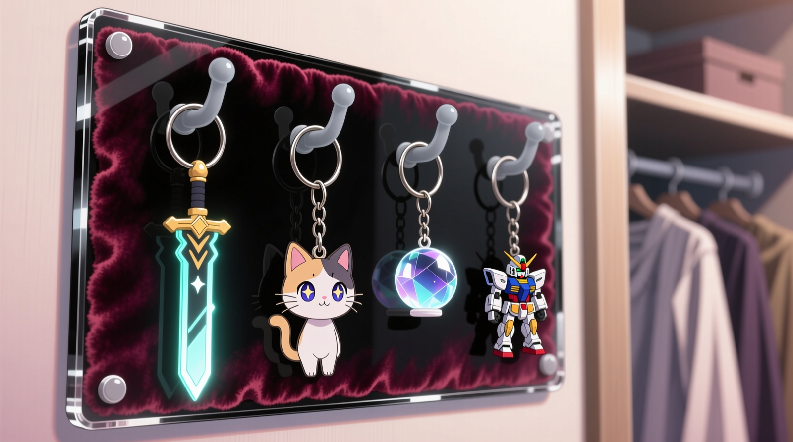 Close-up of a velvet-lined acrylic pegboard mounted on a closet wall with anime keychains suspended from silicone-tipped S-hooks—each keychain hangs freely by its metal ring, no clips touching any surface.