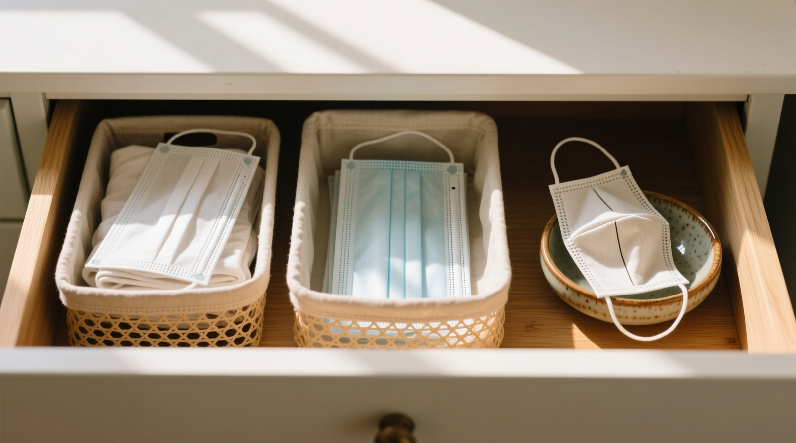 A shallow white oak drawer with three labeled, open-weave fabric bins: left bin holds folded but visibly clean masks, center bin contains freshly ironed masks laid flat, right bin displays a single mask resting beside a removable cloth filter in a small ceramic dish—natural light illuminates all surfaces evenly
