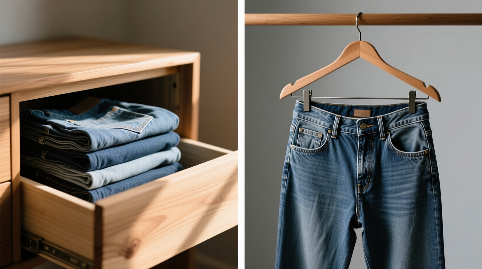 Side-by-side comparison: left shows neatly folded jeans stacked vertically in a shallow cedar-lined drawer; right shows jeans hanging by belt loops with visible downward pull and distorted waistband curvature