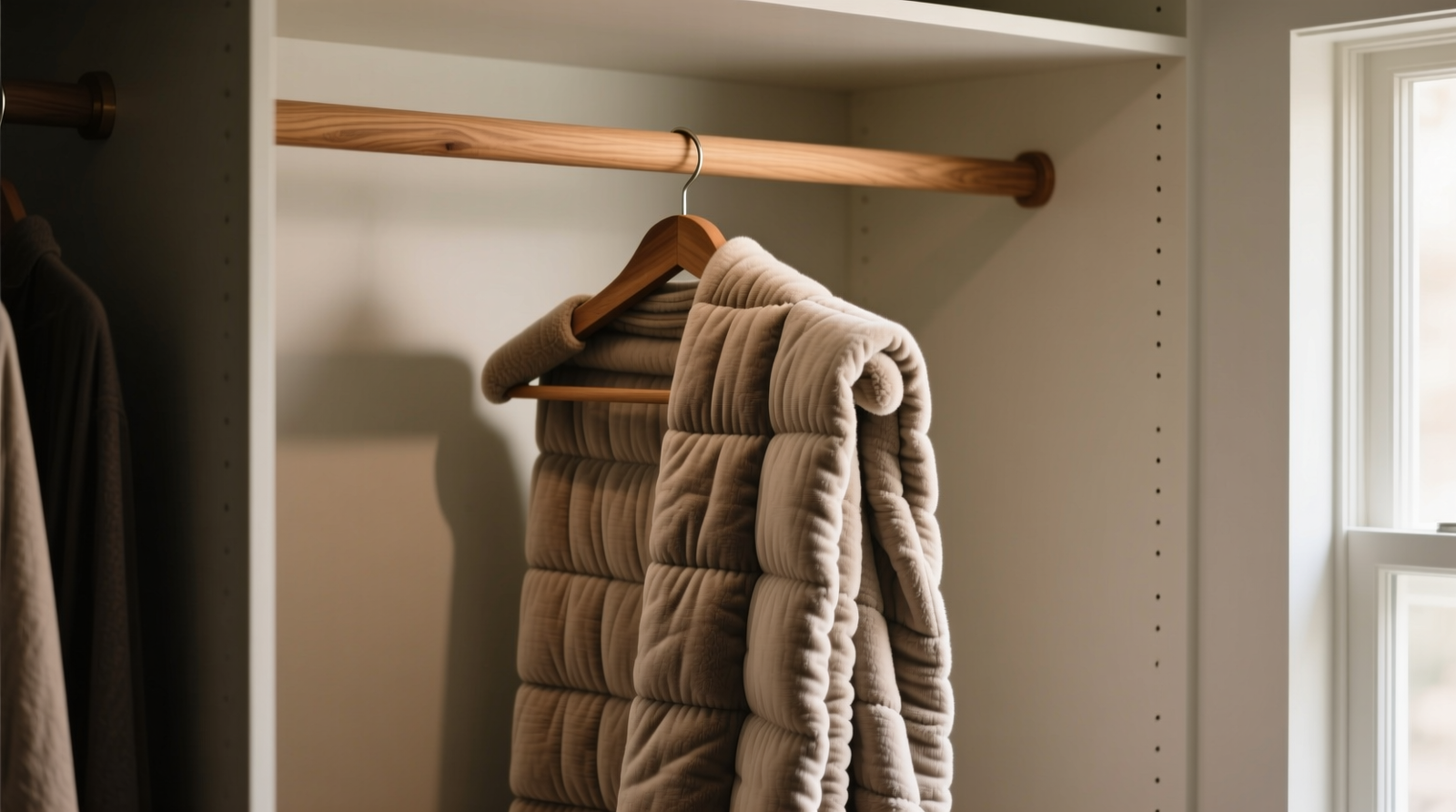 A neatly organized closet shelf showing three weighted blankets standing upright on their long folded edges, each inside a light cotton garment bag with visible labels facing forward; background shows neutral-toned wood shelving and soft ambient lighting