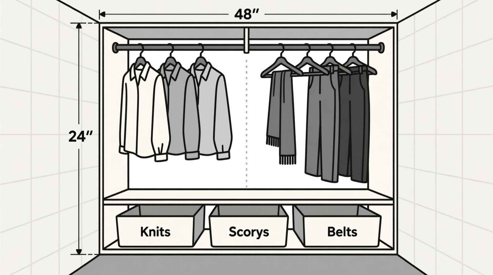 Side-view diagram of a 24-inch-deep closet showing two parallel hanging rods at 48 inches and 84 inches, with slim hangers holding garments of consistent length—blouses aligned at bottom hem, pants evenly spaced and unobstructed—shelves below holding shallow bins labeled 'Knits', 'Scarves', 'Belts'