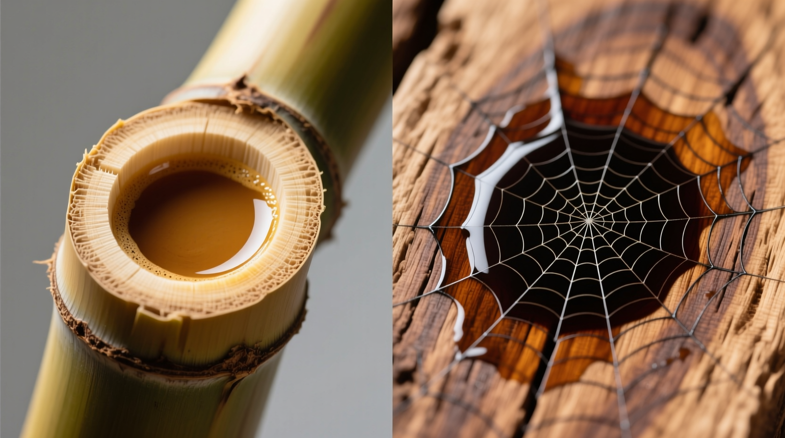 Side-by-side macro photography of bamboo and reclaimed oak surfaces after identical 10-minute coffee spill exposure: bamboo shows faint halo; oak displays pronounced, dark ring with radial cracking