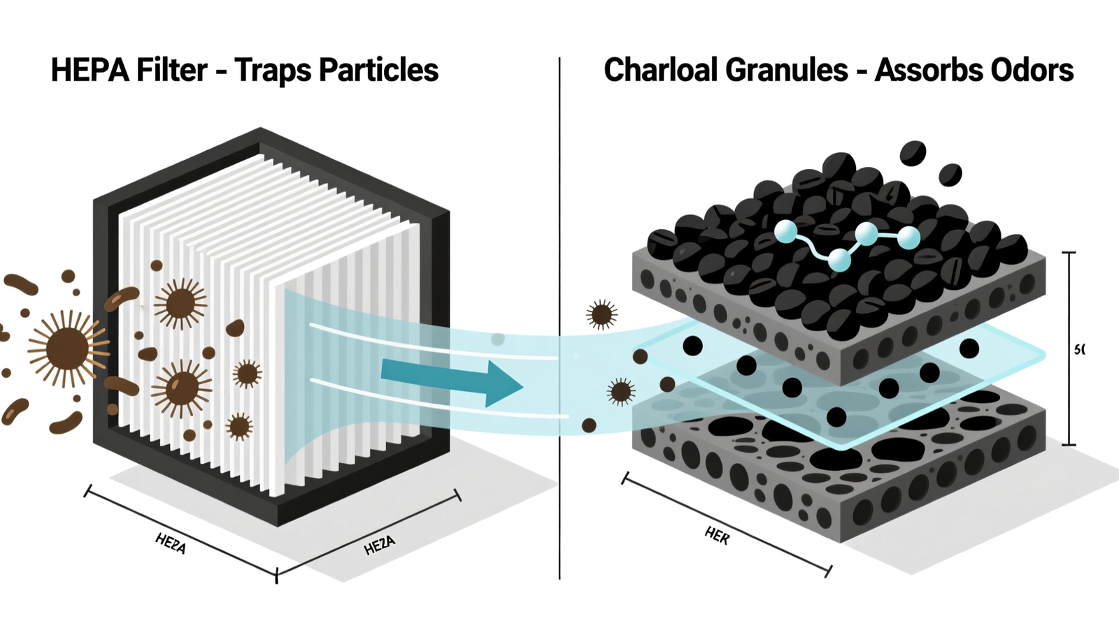 Side-by-side diagram showing airflow paths: one illustrating HEPA filter trapping dander particles on pleated media, another showing charcoal granules absorbing odor molecules while dander passes freely through gaps