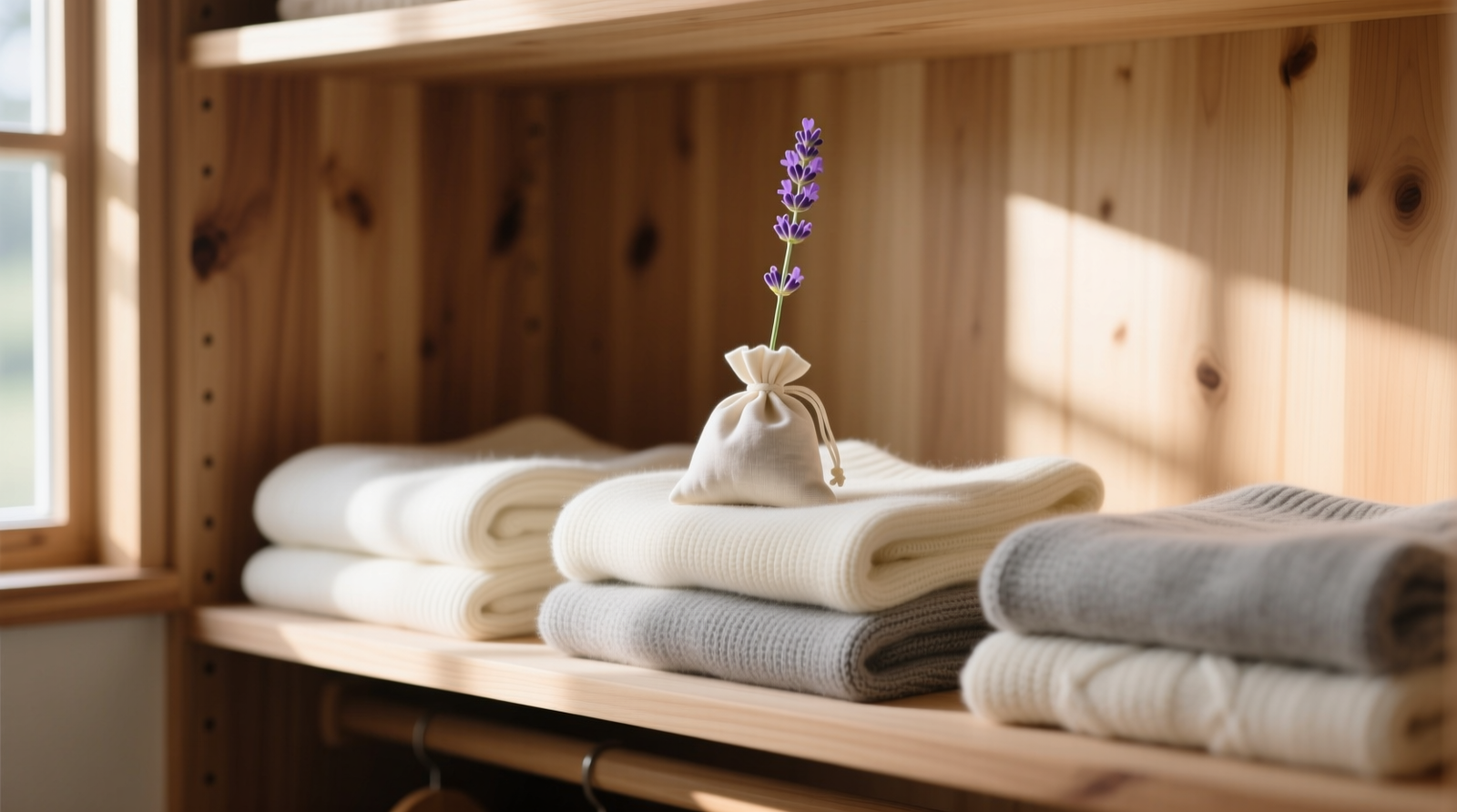A minimalist cedar-lined closet shelf holding three small, unbleached cotton sachets nestled among folded cashmere sweaters and a single lavender stem resting on top
