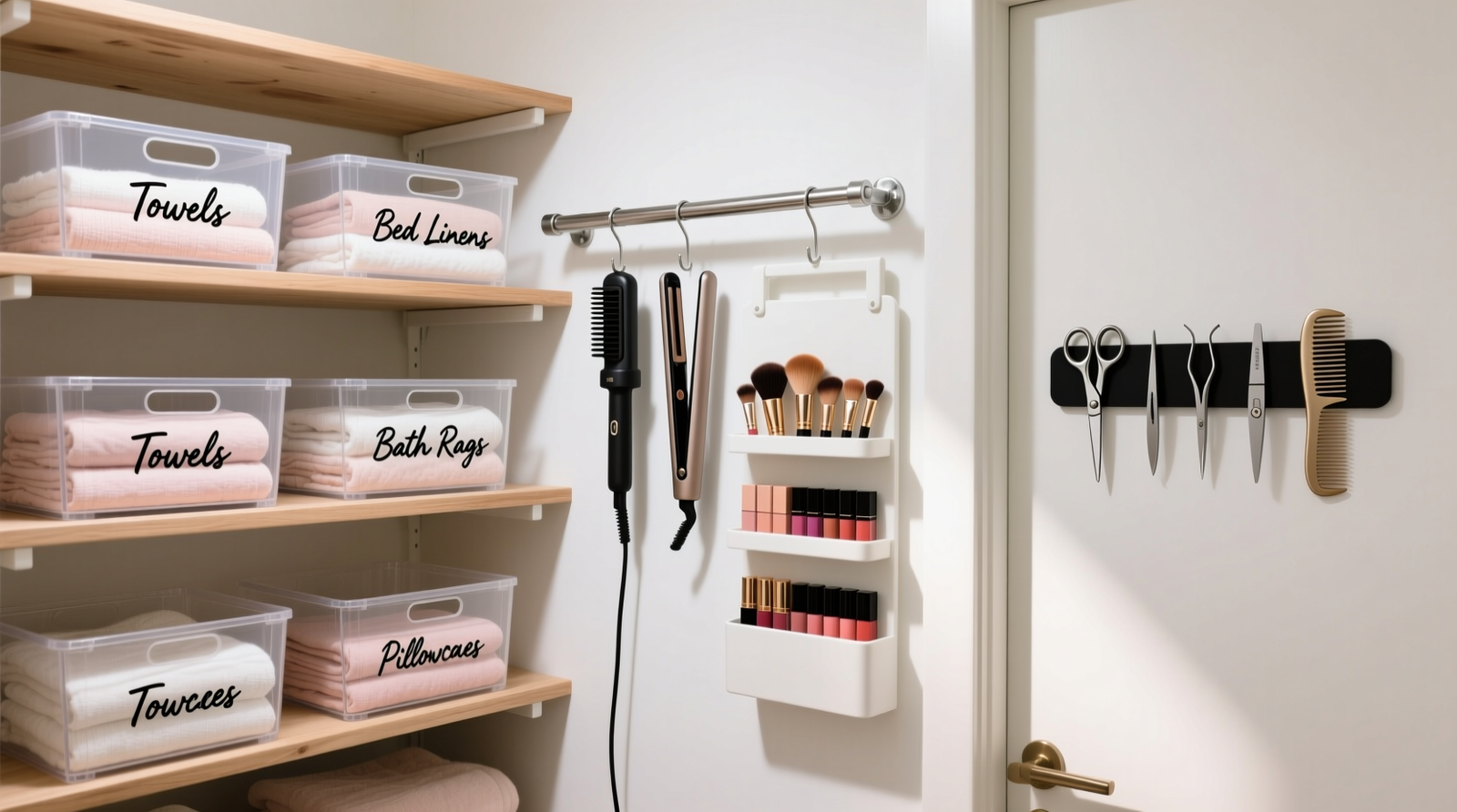 A neatly organized linen closet interior showing labeled acrylic bins on adjustable shelves, an over-the-door organizer holding makeup brushes and lipsticks, a tension rod with hanging hair tools, and a magnetic strip mounted beside the door frame holding metal beauty implements
