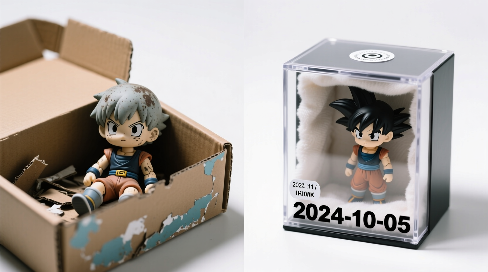 Side-by-side comparison: left shows faded, dusty anime figure in open cardboard box; right shows identical figure in archival box with UV-filter lid, microfiber-lined shelf, and labeled rotation date sticker