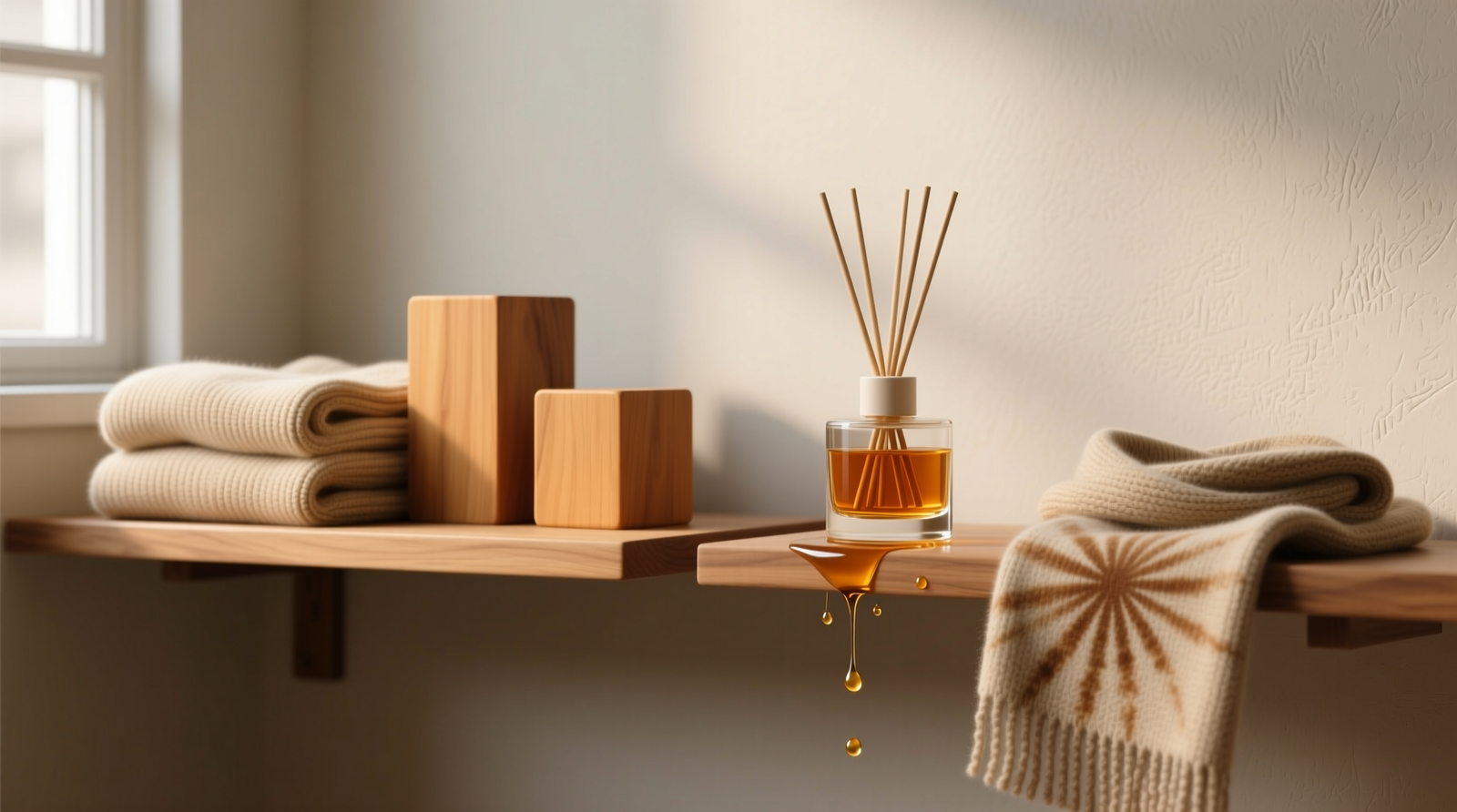 Side-by-side comparison: unfinished cedar block resting on wool sweater versus reed diffuser next to silk blouse, with visible micro-droplets condensing on fabric near diffuser
