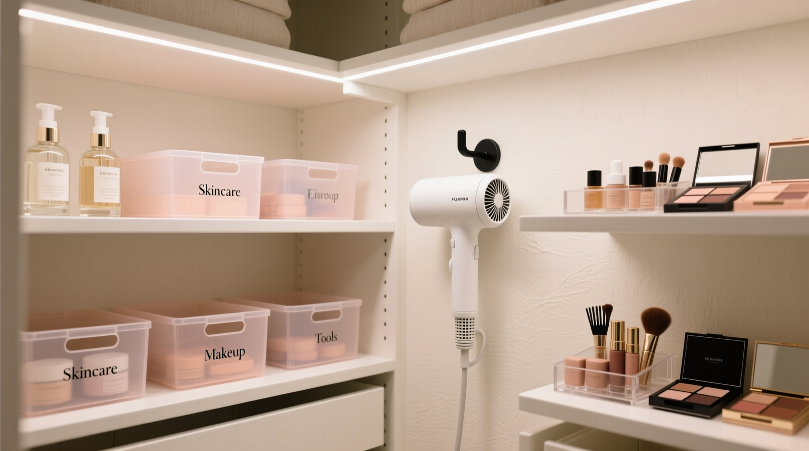 A transformed linen closet with white adjustable shelving, labeled acrylic bins in soft pastel tones, a compact hair dryer mounted vertically on a hook, LED lighting casting even glow on skincare serums and makeup palettes arranged by category