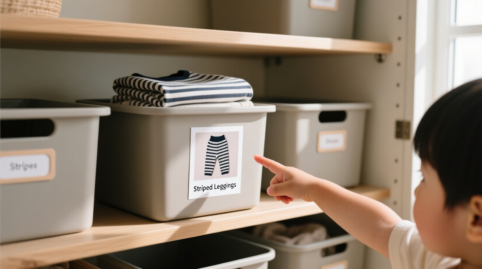 A child's hand pointing confidently to a labeled bin showing a photo of folded striped leggings; bin is low, accessible, and aligned with other photo-labeled bins in a calm, uncluttered closet