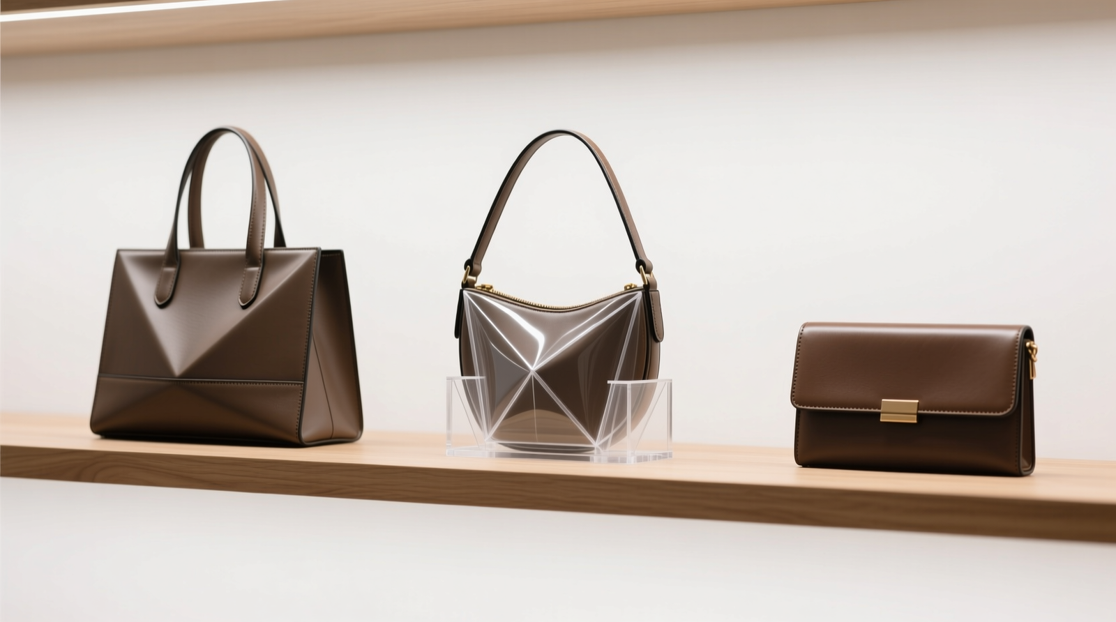 Three structured handbags—box tote, trapezoid satchel, and rigid clutch—each holding a translucent polypropylene support form, displayed upright on a minimalist oak shelf with 3-inch spacing between bags and no visible tissue or plastic
