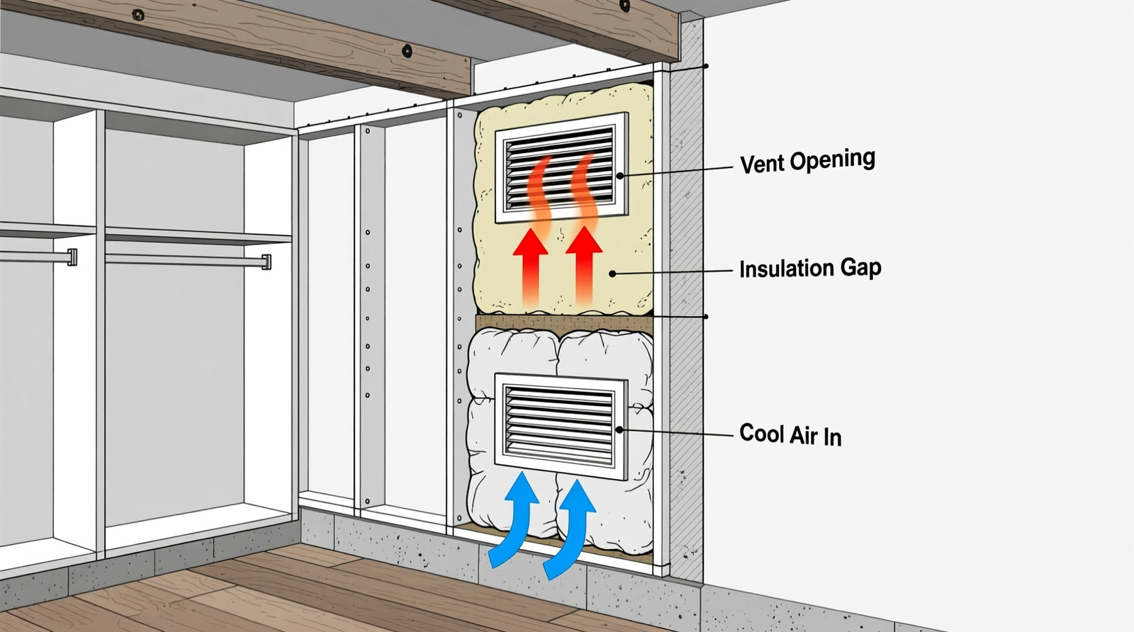 Side-view schematic showing a basement closet with upper and lower passive airflow vents installed on the interior wall, labeled with airflow arrows indicating rising warm air exiting above and cool dry air entering below, with insulation shown stopping short of vent openings to prevent thermal bridging