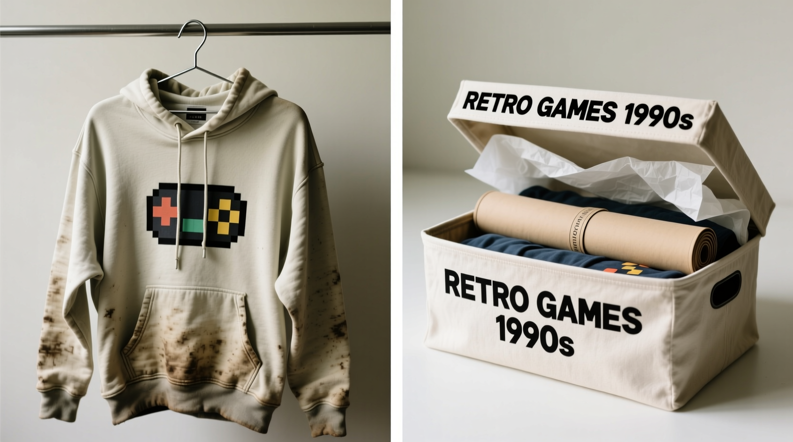 Side-by-side comparison: left shows a retro gaming hoodie stretched and faded on a wire hanger; right shows the same style perfectly preserved using the archival roll method inside a labeled, shallow cotton bin with acid-free tissue visible at the top edge