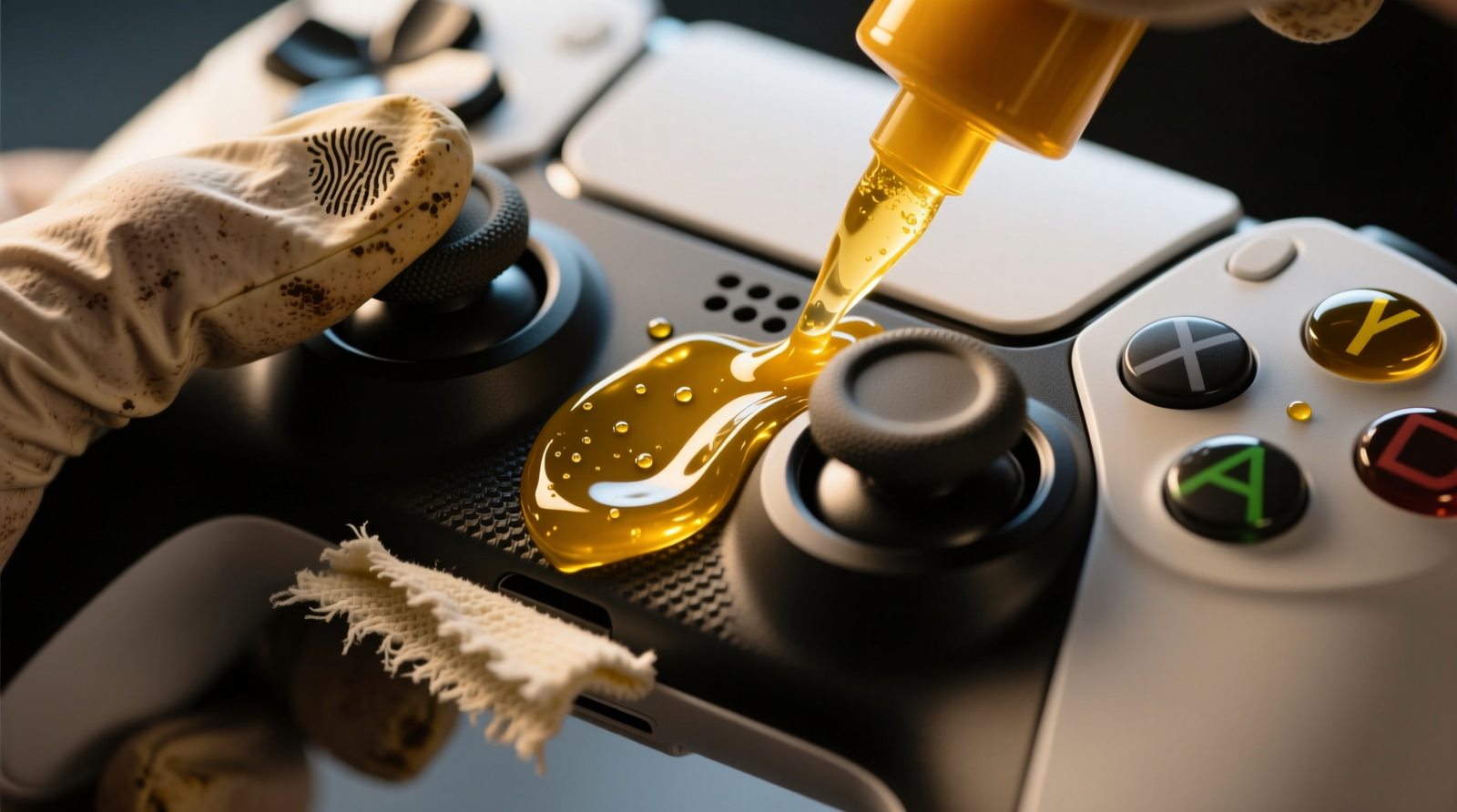 Close-up of a gloved hand applying golden fermented turmeric gel to a VR controller’s textured grip using a folded microfiber cloth, with visible even coverage and no pooling in crevices
