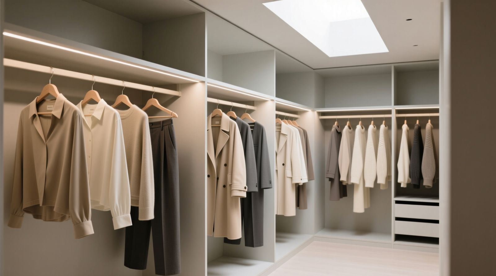A streamlined, airy closet with uniform hangers, grouped by category (tops, bottoms, outerwear), neutral palette, and zero visible clutter—only 32 garments visible, all on active rotation