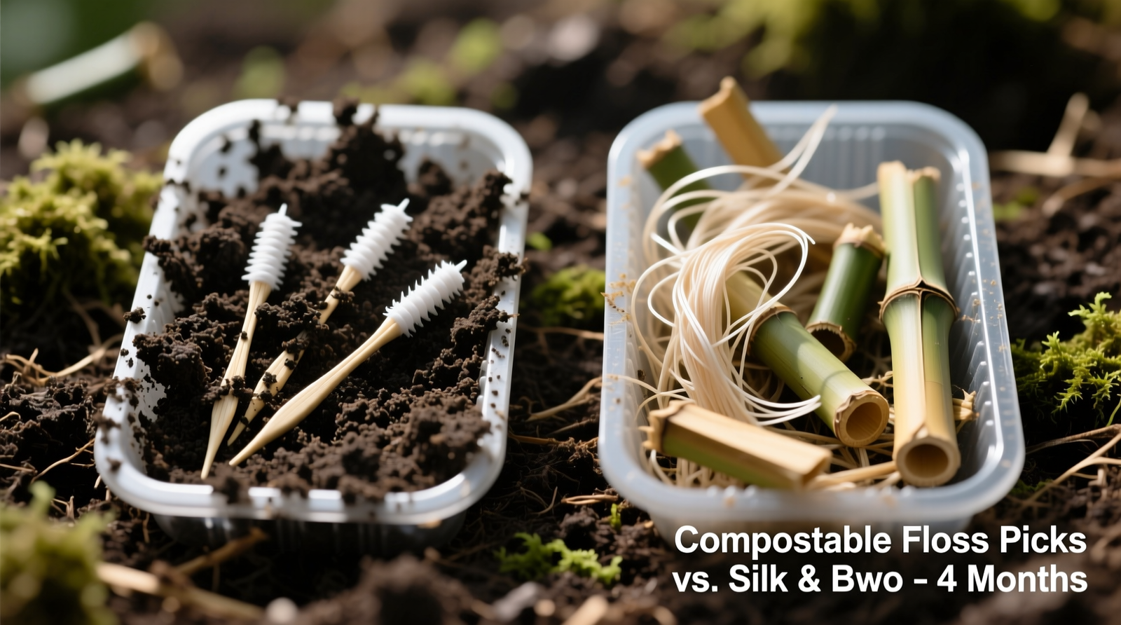 Side-by-side time-lapse photos showing compostable floss picks fully integrated into dark, crumbly humus after 4 months, while silk floss strands and bamboo fragments remain visibly intact in adjacent compost samples