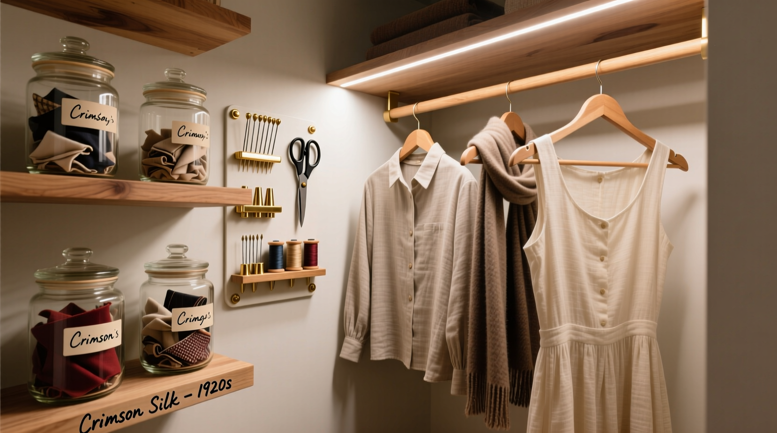 A narrow, floor-to-ceiling closet section showing wooden shelves with labeled fabric scrap jars, a wall-mounted magnetic repair station with brass tools, and hanging garments on wooden hangers—all lit by soft, focused LED task lighting