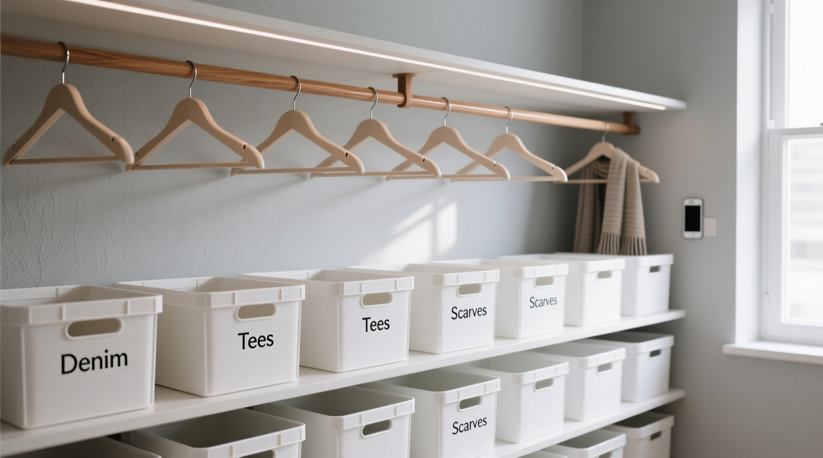 A minimalist closet showing evenly spaced hangers, uniform white bins with clean sans-serif labels ('Denim', 'Tees', 'Scarves'), and no visible app interface or smartphone in frame