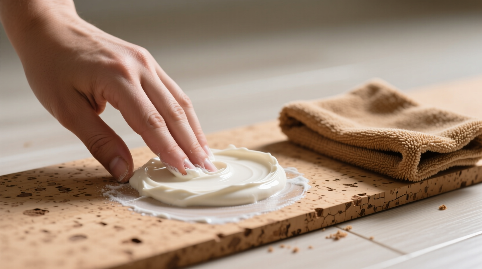Close-up of a hand applying a smooth, off-white baking soda paste to a light-toned cork floor panel, with a folded tan chamois cloth held ready beside it—both tools clean, dry, and free of streaks or debris