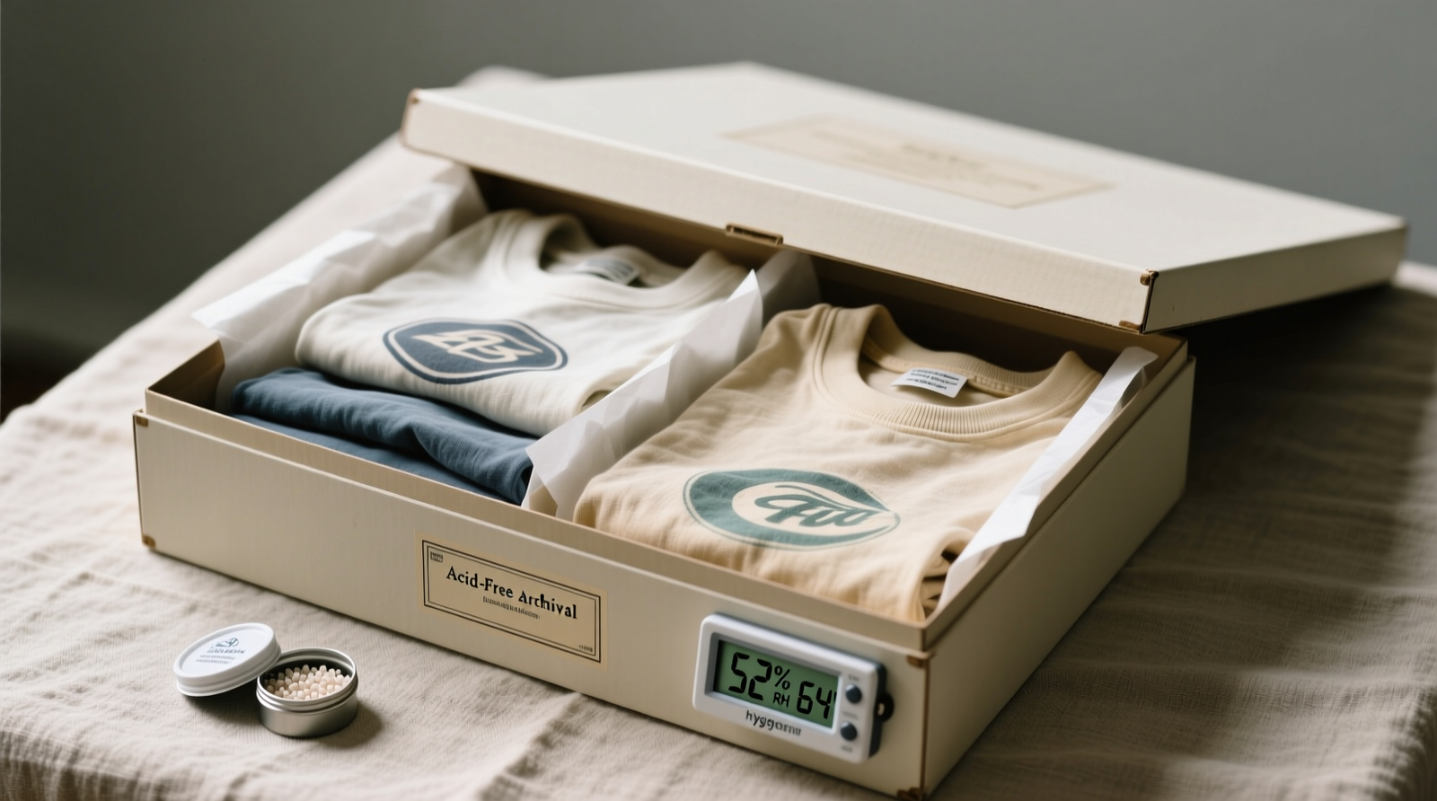 Side-by-side comparison: left shows a vintage band tee folded neatly in an acid-free Solander box with glassine paper layers; right shows the same tee crumpled in a plastic bin with visible yellowing at the collar and ink cracking