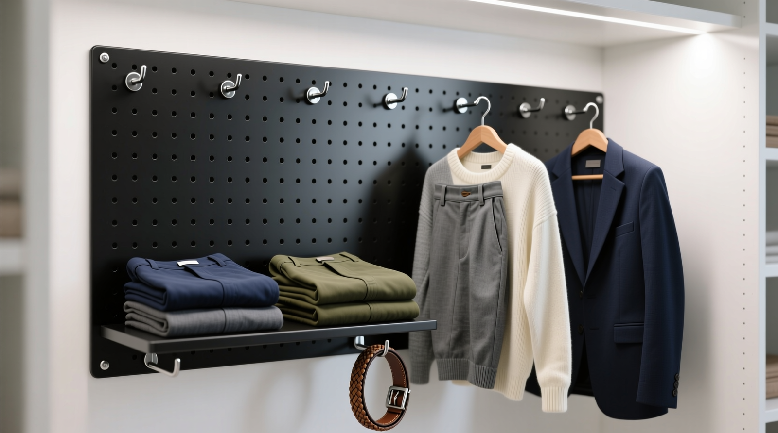 Close-up of a white-walled closet section showing a 24-inch-by-36-inch matte black steel pegboard mounted at eye level, with eight neodymium magnetic hooks holding six folded trousers, two draped lightweight sweaters, one structured blazer, and a woven belt looped over a narrow hook—each item fully visible, uncrowded, and spaced with consistent 3-inch gaps.