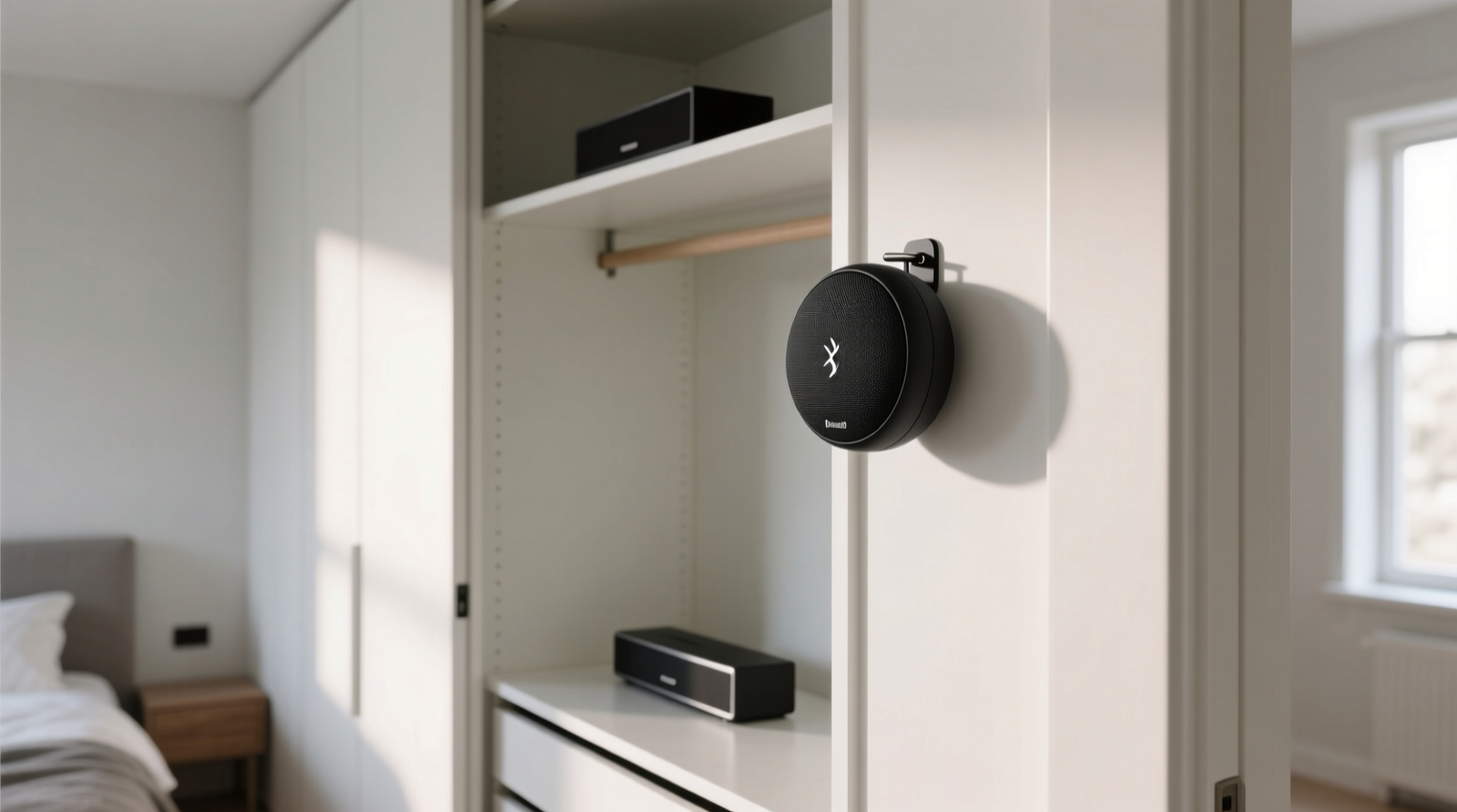 A minimalist closet with a small round Bluetooth speaker clipped to the top edge of the door frame, facing outward; no wires visible, no soundbar mounted inside