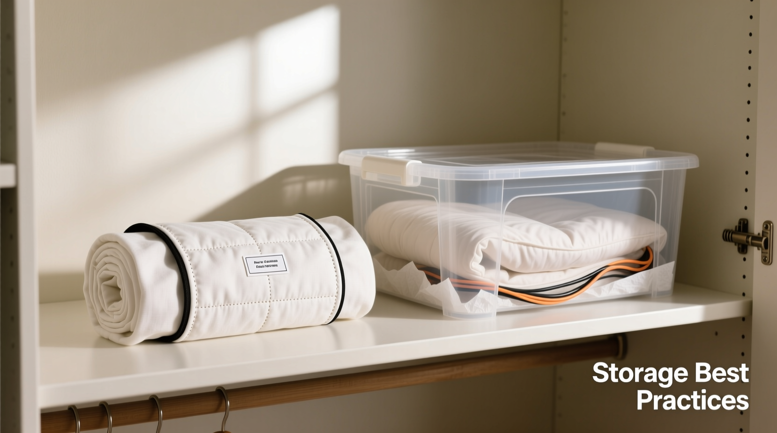 Side-by-side comparison: correctly rolled pet cooling vest in breathable cotton bag beside loosely coiled heated bed nestled in acid-free tissue inside ventilated plastic bin, all placed on clean, dry closet shelf away from windows and HVAC vents