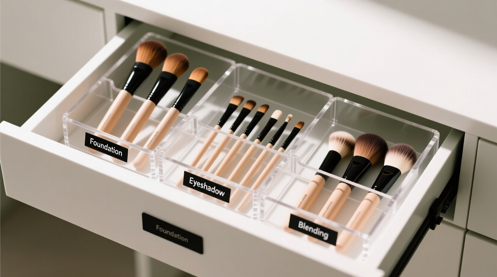 Top-down photo of a shallow vanity drawer with clear acrylic L-shaped dividers holding 12 makeup brushes upright: 4 foundation brushes in one section, 5 eyeshadow brushes in another, 3 blending brushes in a third—each group labeled with minimalist black labels, no foam visible