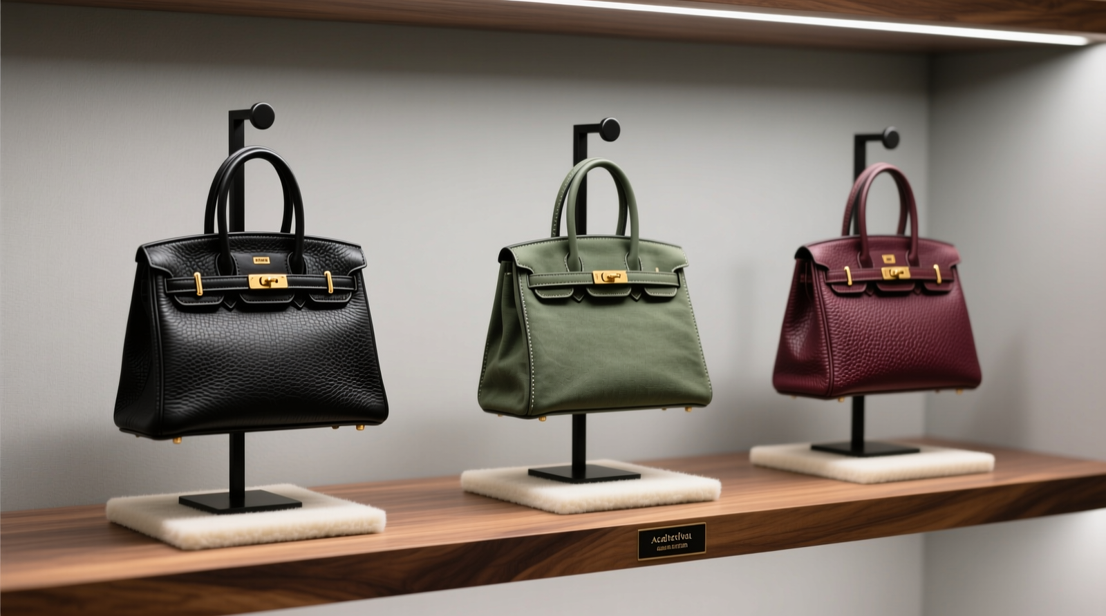 Side-by-side comparison: a luxury handbag resting on a cedar-lined shelf beside a compact white temperature/humidity logger mounted discreetly on the closet interior wall, with a smartphone displaying its real-time graph of stable 20.3°C and 46% RH