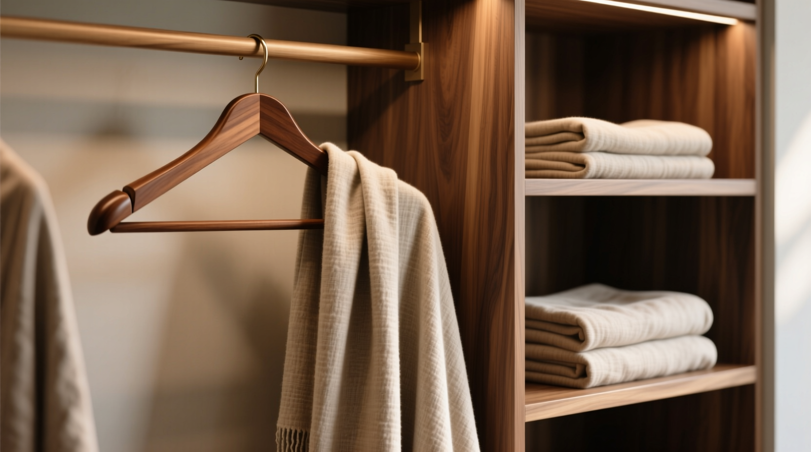 A wide, padded wooden hanger draped with a medium-weight blanket in natural linen fabric, showing gentle drape without creasing, beside an open cedar-lined shelf holding two additional blankets laid flat with folded edges aligned