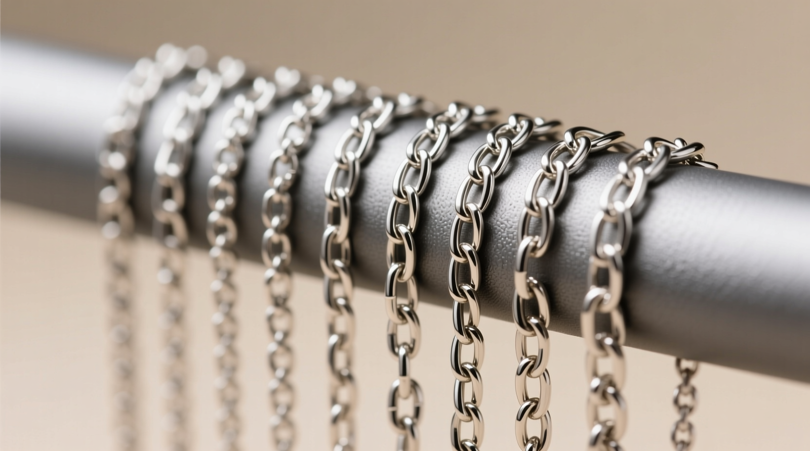Close-up of a powder-coated magnetic jewelry strip holding sterling silver necklaces vertically, with clear spacing between chains and no visible condensation or discoloration on metal surfaces
