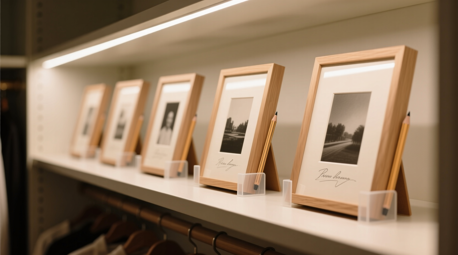 A well-organized closet shelf displaying framed photos standing upright with acid-free spacers between each, labeled with archival pencil on the frame's side edge, under LED lighting with no direct sunlight visible