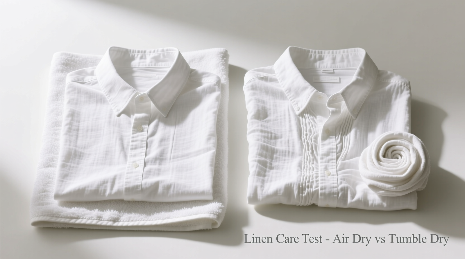 Two identical linen shirts side-by-side: left one air-dried flat on a white towel with smooth shoulders and defined collar roll; right one tumble-dried, visibly narrower at shoulders, with curled cuffs and a slightly puckered yoke