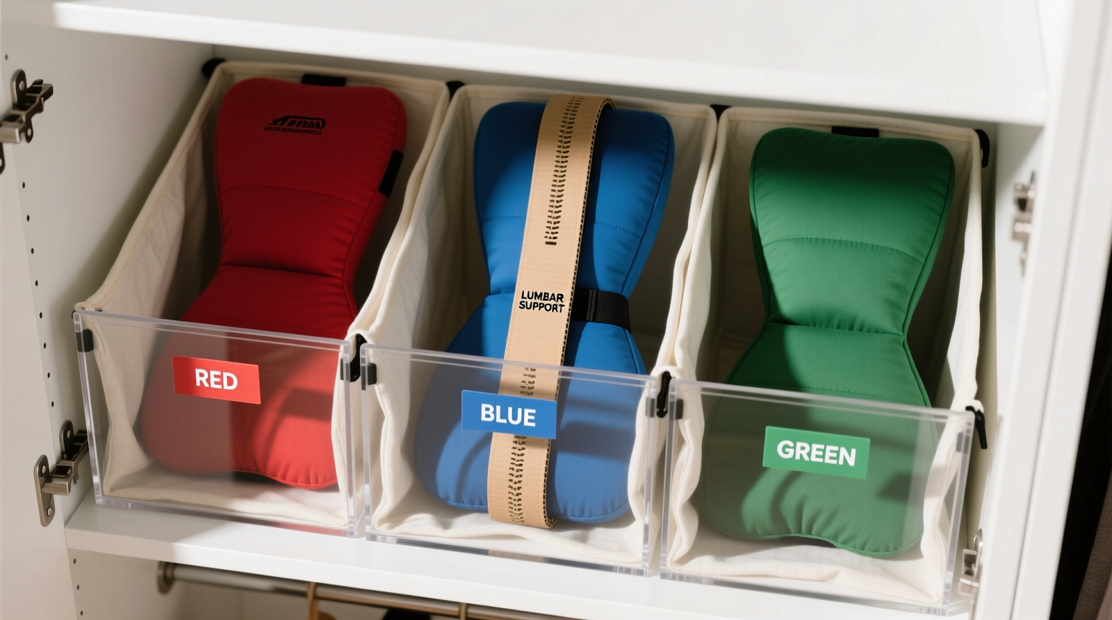 A white acrylic drawer with clear labeling, holding two black gaming chair lumbar cushions standing upright on their curved bases, each with a subtle beige foam cylinder inserted inside the curve to preserve shape