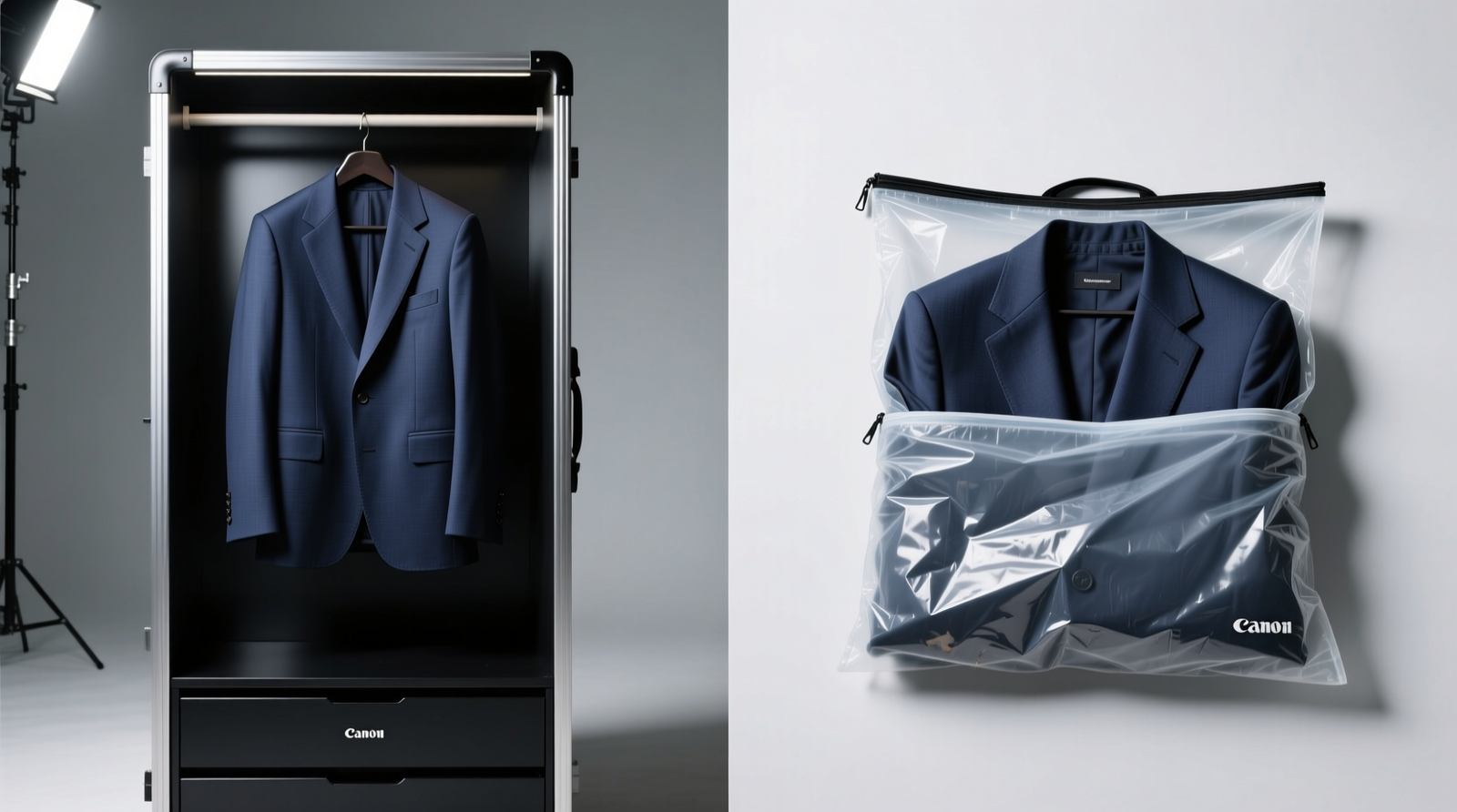 Side-by-side comparison showing a structured navy blazer hanging perfectly inside a slim aluminum-framed travel wardrobe versus the same blazer folded and compressed inside a translucent nylon foldable bag, with visible lapel distortion and sleeve bunching