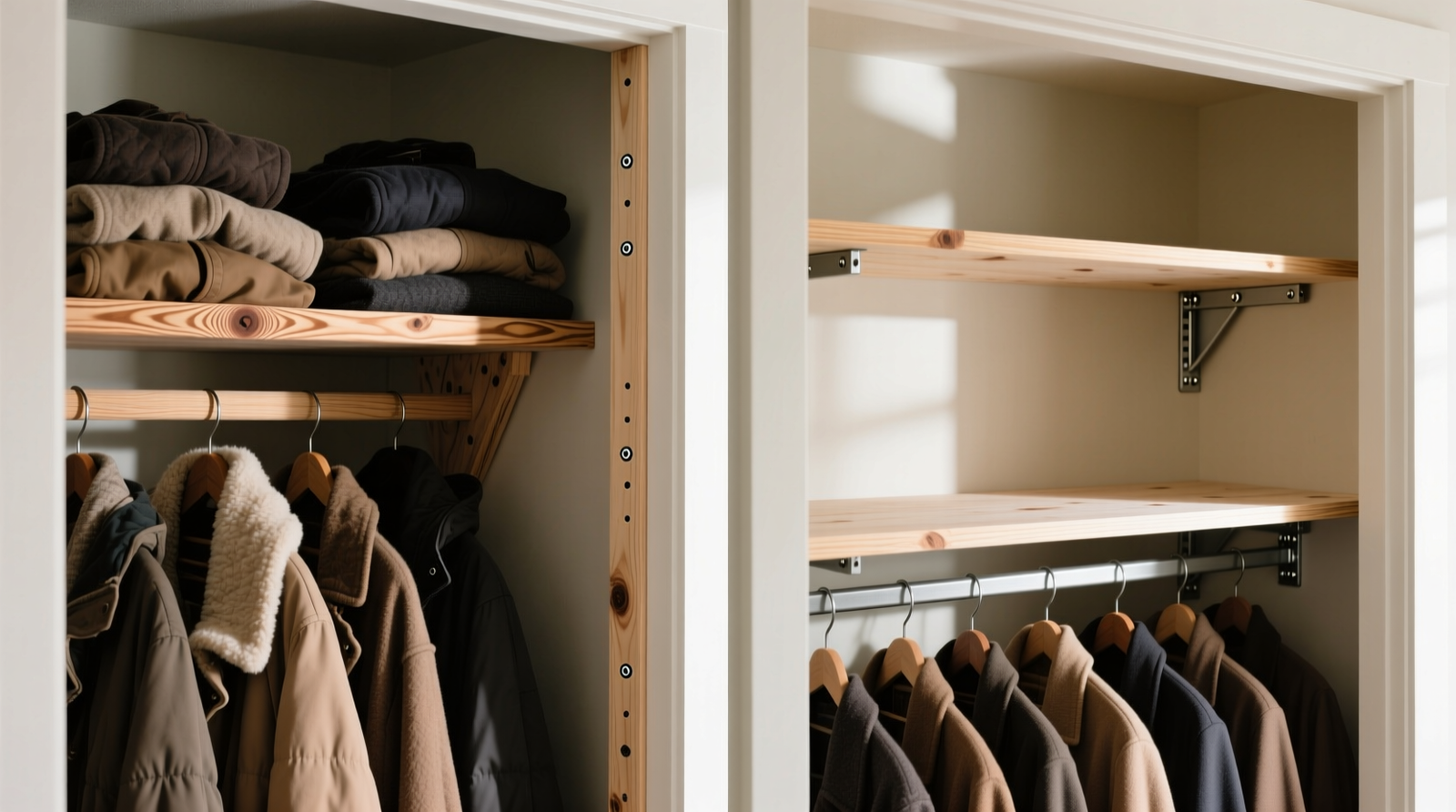 Side-by-side comparison showing a sagging pine shelf under winter coats versus a taut, level plywood shelf mounted on adjustable metal brackets, both installed in identical closet frames with visible stud markings and lag screw placements