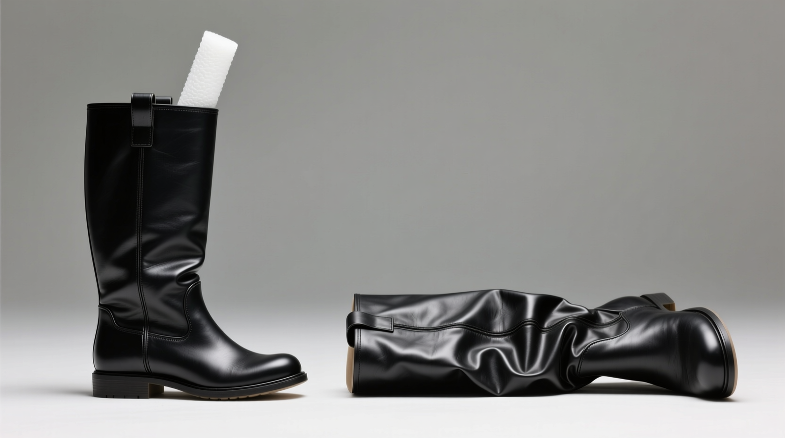 Side-by-side photo showing two identical leather knee-high boots: one stored upright with a white pool noodle inserted inside the shaft, maintaining perfect vertical alignment and smooth surface; the other lying flat with visible horizontal creases and a collapsed shaft