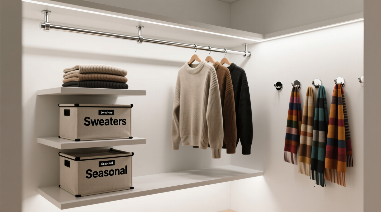 A well-lit walk-in closet with a freestanding metal clothing rack beside the main rod, three labeled fabric bins stacked neatly on a shelf, a tension rod holding folded sweaters vertically, and removable adhesive hooks suspending scarves along the side wall—all without visible screws, anchors, or wall damage