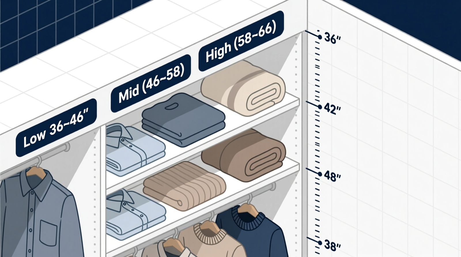 Side-view diagram of a closet showing three labeled shelf tiers: Low (36–46”), Mid (46–58”), High (58–66”), each with proportional folded garments and precise inch measurements annotated