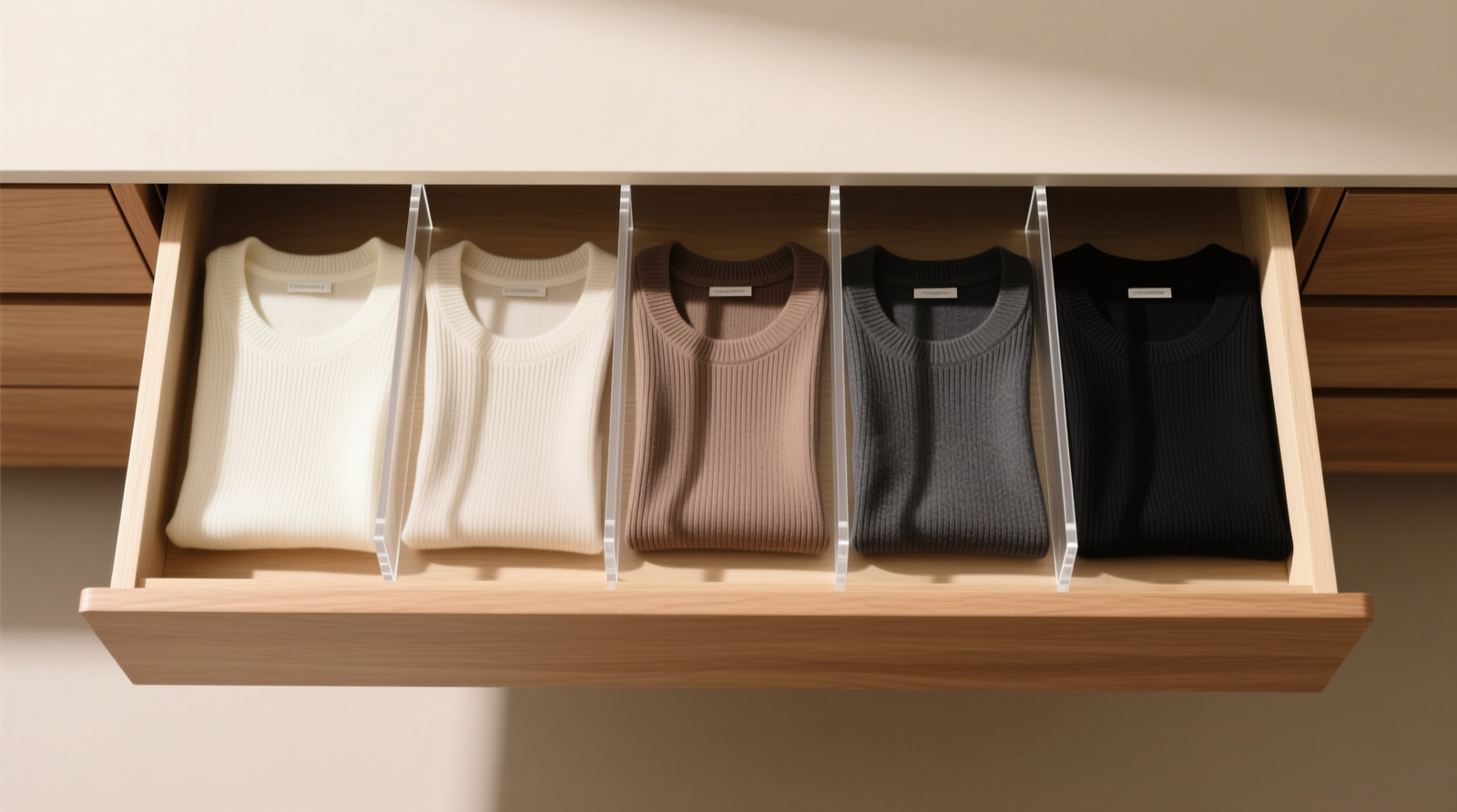 Top-down photo of a shallow dresser drawer with five precisely folded knit tops in gradient order, separated by slim, non-reflective acrylic dividers; no labels visible but spacing is uniform and breathable