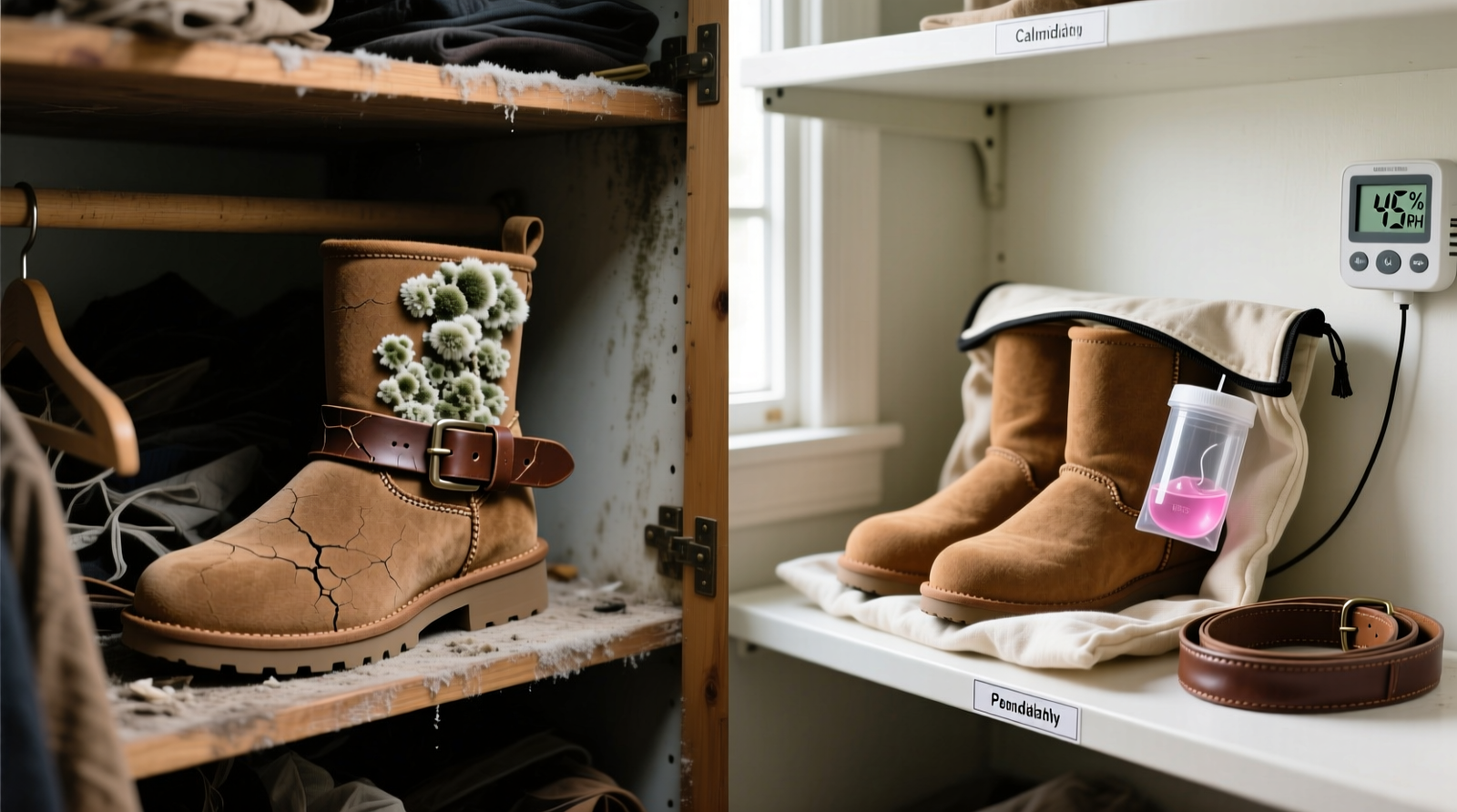 Side-by-side comparison: left shows suede boot with visible mold bloom and stiffened leather belt in a closet without humidity control; right shows identical items stored with calibrated sensor, breathable cotton bag, and visible silica gel canister on shelf