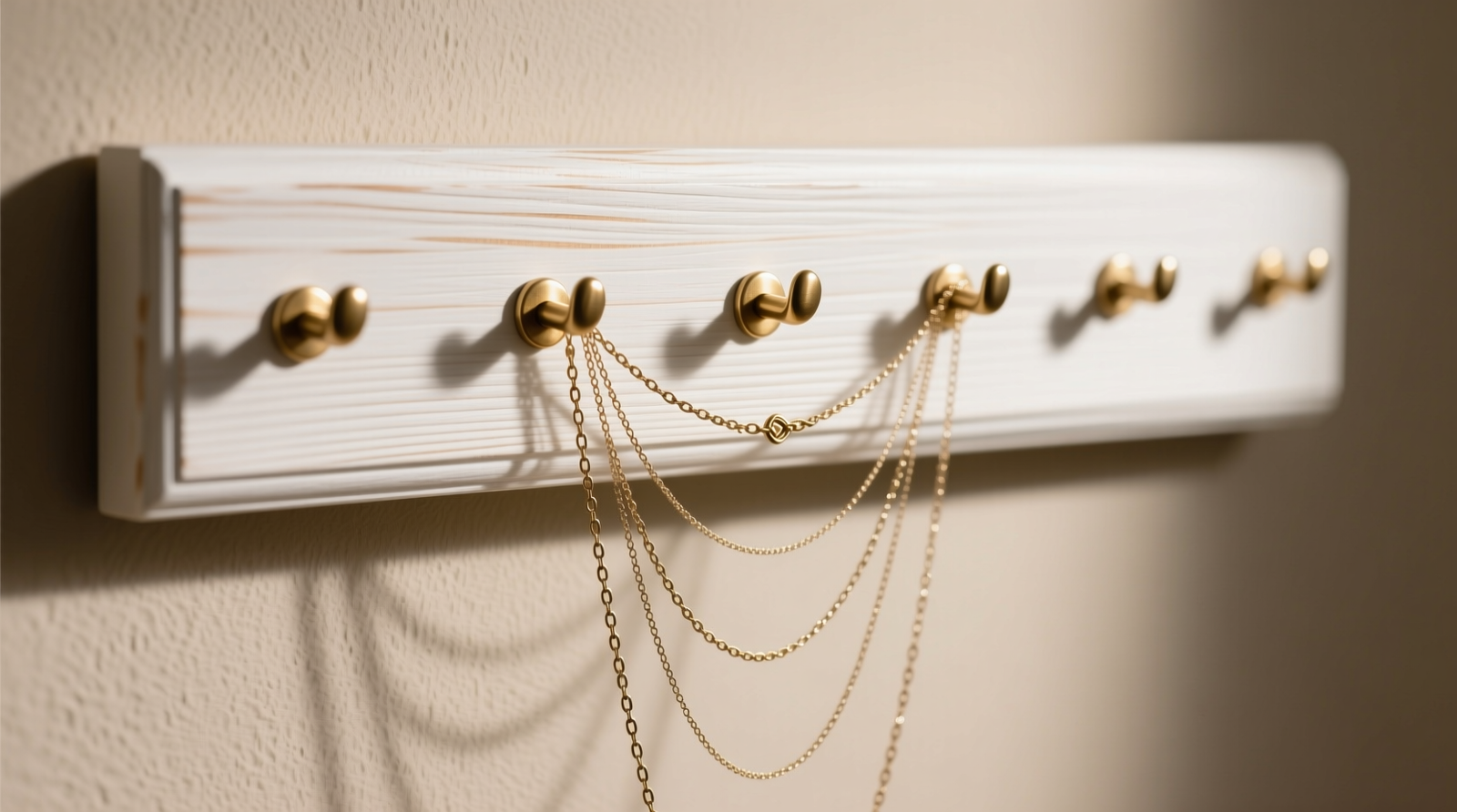 Close-up of a white-painted wooden wall-mounted jewelry organizer with evenly spaced, rounded brass hooks; three layered necklaces hang cleanly at different lengths without touching—no visible kinks or knots.