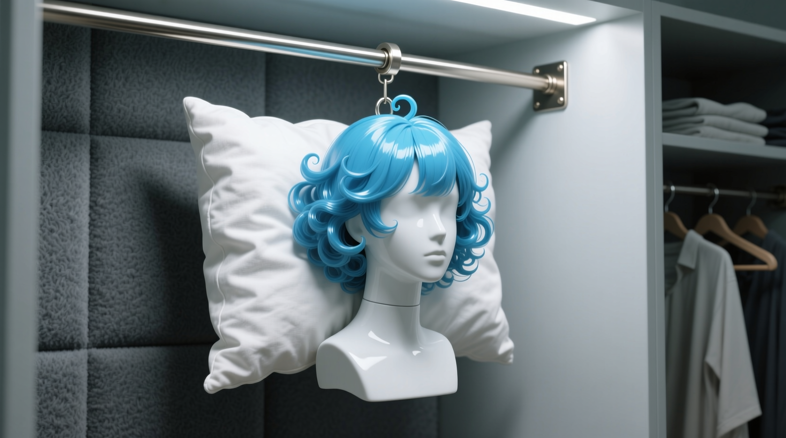 A white-painted mannequin head wearing a vibrant blue anime-style wig, fully covered by a soft, slightly rumpled cotton pillowcase, suspended from a brushed-nickel swing-arm bracket mounted on a light-gray closet wall lined with charcoal felt