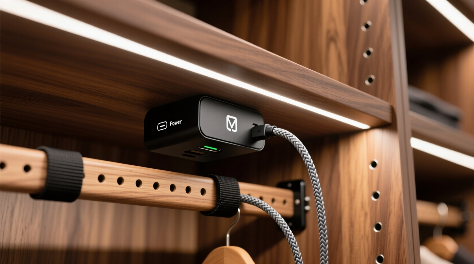 Close-up of a custom closet interior showing a matte-black, recessed USB-C PD charging module mounted on the underside of a solid-wood shelf, with braided nylon cables routed through discreet grommeted holes and secured with low-profile Velcro straps