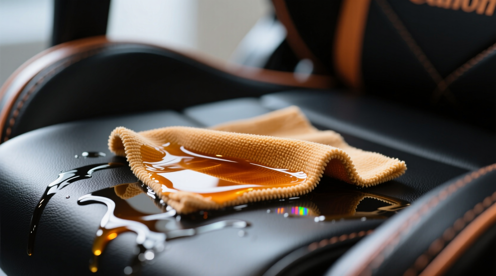 Close-up of a hand applying warm beeswax balm to the smooth black surface of a vegan leather gaming chair backrest, using a folded microfiber cloth in gentle circular motion—no pooling, no streaking, natural daylight illumination
